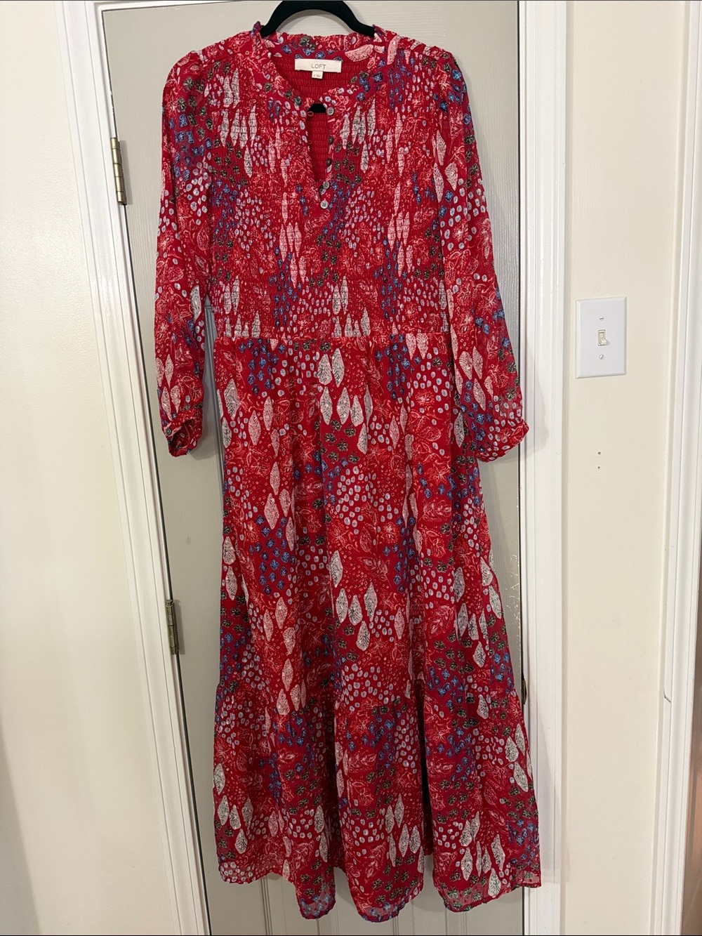 LOFT Red Printed Long Sleeve Maxi Dress with Multicolor Accents